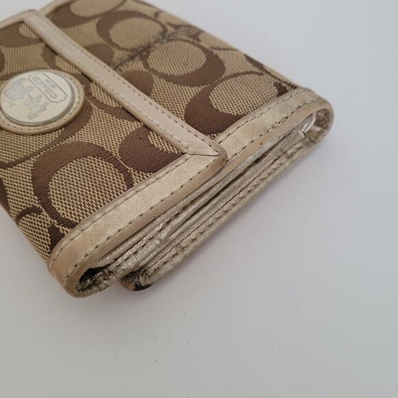 Coach Wallet Canvas Leather Signature Bifold 5x4 Medium Beige Compact Metallic - Picture 12 of 13